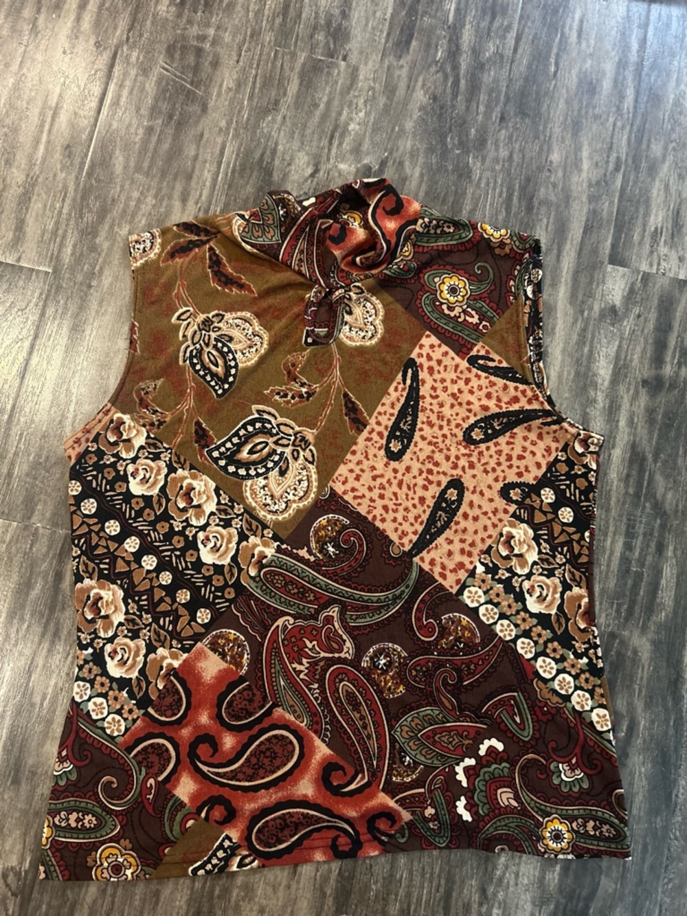 Susan Lawrence Brown Multi Paisley Patchwork Mock Neck Tank